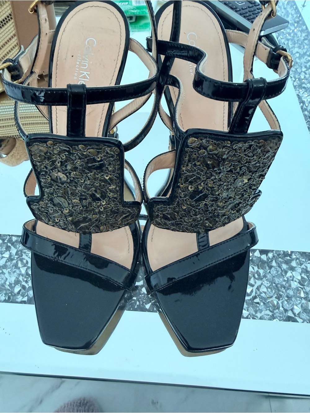 Calvin Klein collection Black Patent Heeled Sandals with Gold Embellishment